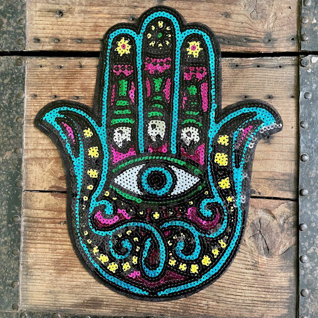 Patch - Sequined Hand Hamsa Eye Turquoise Pink Yellow - Phoenix Menswear