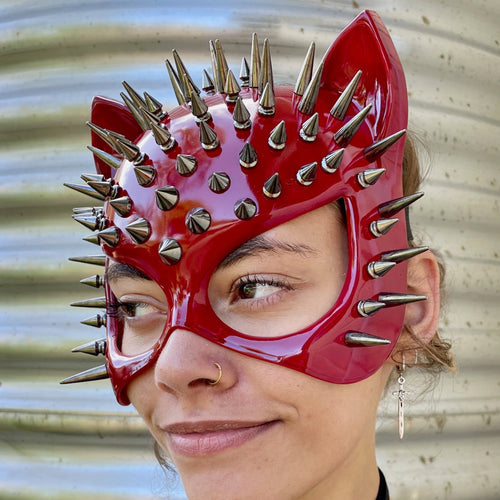 Patent Red Spiked Cat Mask Silver Costume Steampunk - Phoenix Menswear