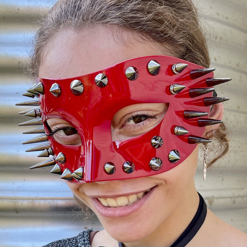 Patent Red Spiked Mask Silver Costume Steampunk - Phoenix Menswear
