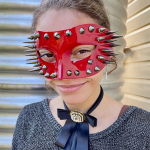 Patent Red Spiked Mask Silver Costume Steampunk - Phoenix Menswear