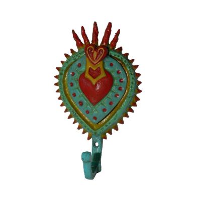 Sacred Heart Wall Hook - Cast Iron Turquoise Yellow Red - Phoenix Menswear