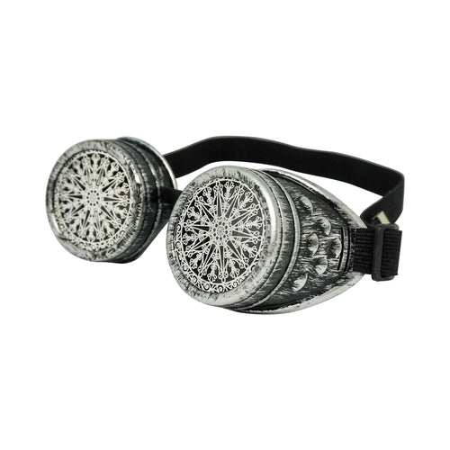Steampunk Goggles - Silver Frames with Decorative Lenses - Phoenix Menswear