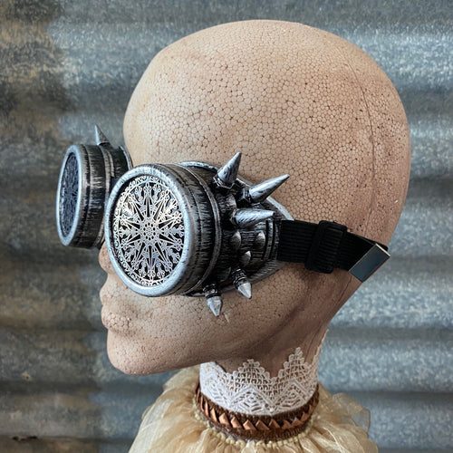 Steampunk Goggles - Spiked Silver Frames with Decorative Lenses - Phoenix Menswear