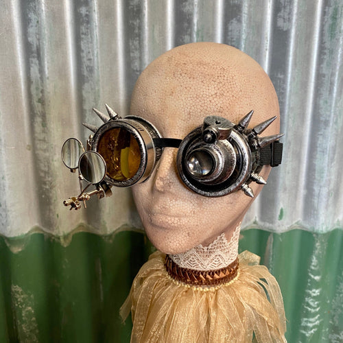 Steampunk Lightup Goggles - Blackened Silver with Yellow Lens and Magnifiers - Phoenix Menswear