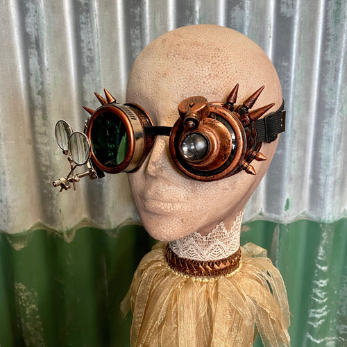 Steampunk Lightup Goggles - Copper with Green Lens and Magnifiers - Phoenix Menswear