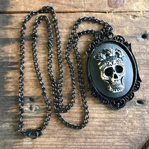 Steampunk Necklace Day of the Dead Sugar Skull Black Pendant on Black Chain - Phoenix Menswear