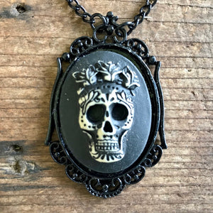 Steampunk Necklace Day of the Dead Sugar Skull Black Pendant on Black Chain - Phoenix Menswear