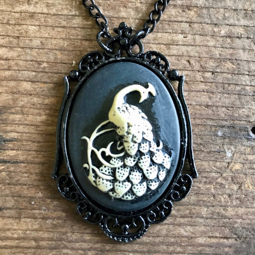 Steampunk Necklace Peacock Black Pendant on Black Chain - Phoenix Menswear