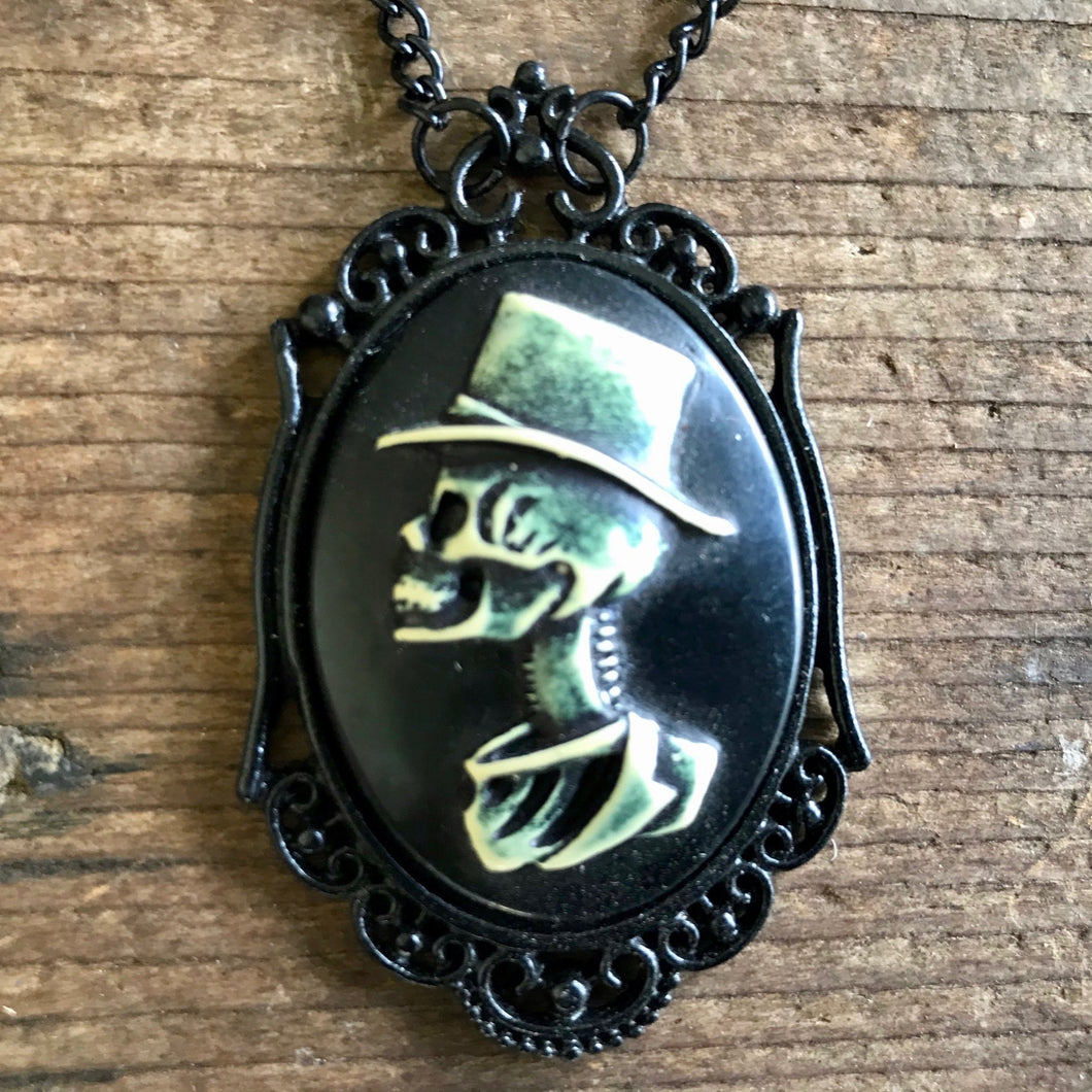 Steampunk Necklace Top Hat Skull Skeleton Black Pendant on Black Chain - Phoenix Menswear