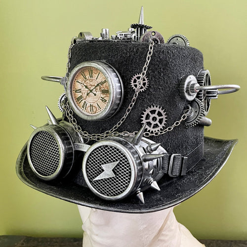 Steampunk Top Hat Silver Compass Goggles - Phoenix Menswear