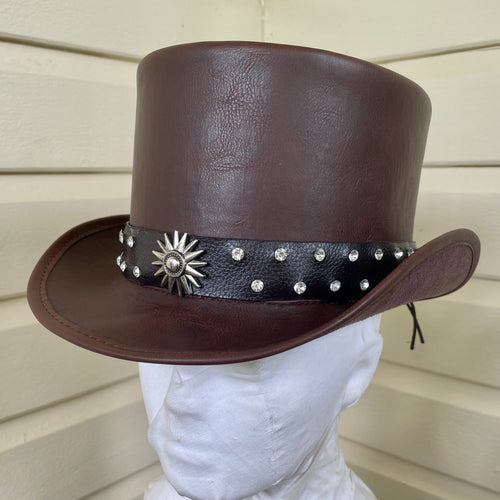 Top Hat Brown Silver Studs Goth Western Steampunk Vegan - Phoenix Menswear