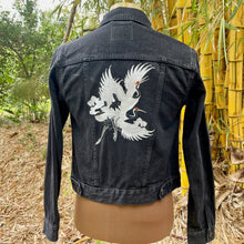 Load image into Gallery viewer, Upcycled Black Vintage Denim Jacket Cranes Immortal Kraft Sz XS - OOAK - Phoenix Menswear