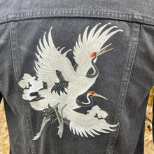 Load image into Gallery viewer, Upcycled Black Vintage Denim Jacket Cranes Immortal Kraft Sz XS - OOAK - Phoenix Menswear