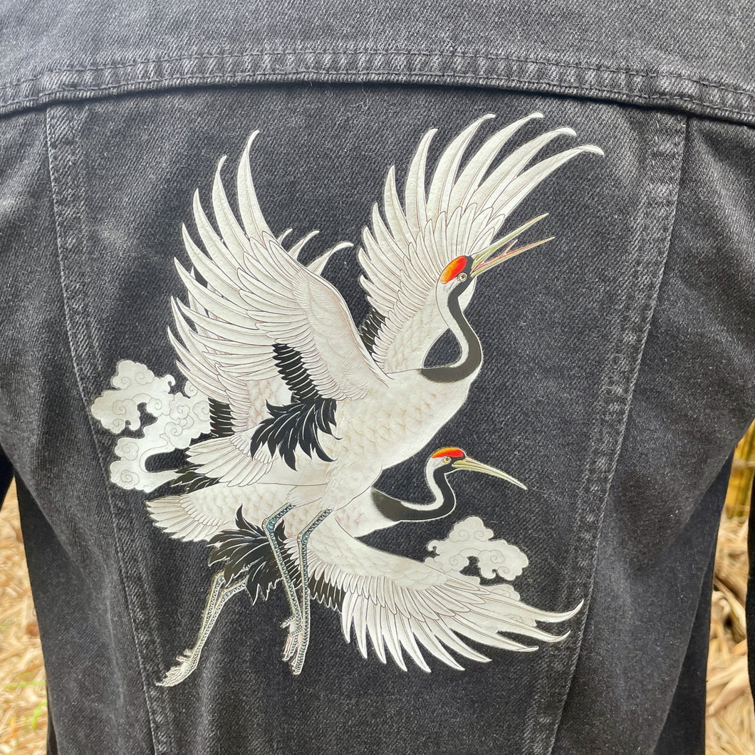Upcycled Black Vintage Denim Jacket Cranes Immortal Kraft Sz XS - OOAK - Phoenix Menswear