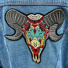 Load image into Gallery viewer, Upcycled Blue Vintage Denim Jacket Embroidered Skull Horns Patch Immortal Kraft Sz XL - OOAK - Phoenix Menswear
