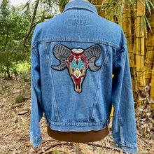 Load image into Gallery viewer, Upcycled Blue Vintage Denim Jacket Embroidered Skull Horns Patch Immortal Kraft Sz XL - OOAK - Phoenix Menswear