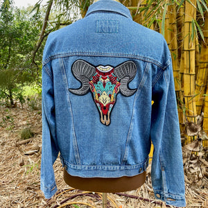 Upcycled Blue Vintage Denim Jacket Embroidered Skull Horns Patch Immortal Kraft Sz XL - OOAK - Phoenix Menswear
