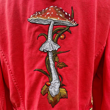 Load image into Gallery viewer, Upcycled Red Vintage Denim Jacket Embroidered Mushroom Patch Immortal Kraft Sz XL - OOAK - Phoenix Menswear