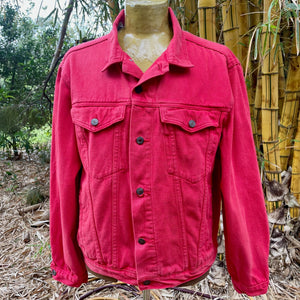 Upcycled Red Vintage Denim Jacket Embroidered Mushroom Patch Immortal Kraft Sz XL - OOAK - Phoenix Menswear