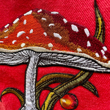 Load image into Gallery viewer, Upcycled Red Vintage Denim Jacket Embroidered Mushroom Patch Immortal Kraft Sz XL - OOAK - Phoenix Menswear