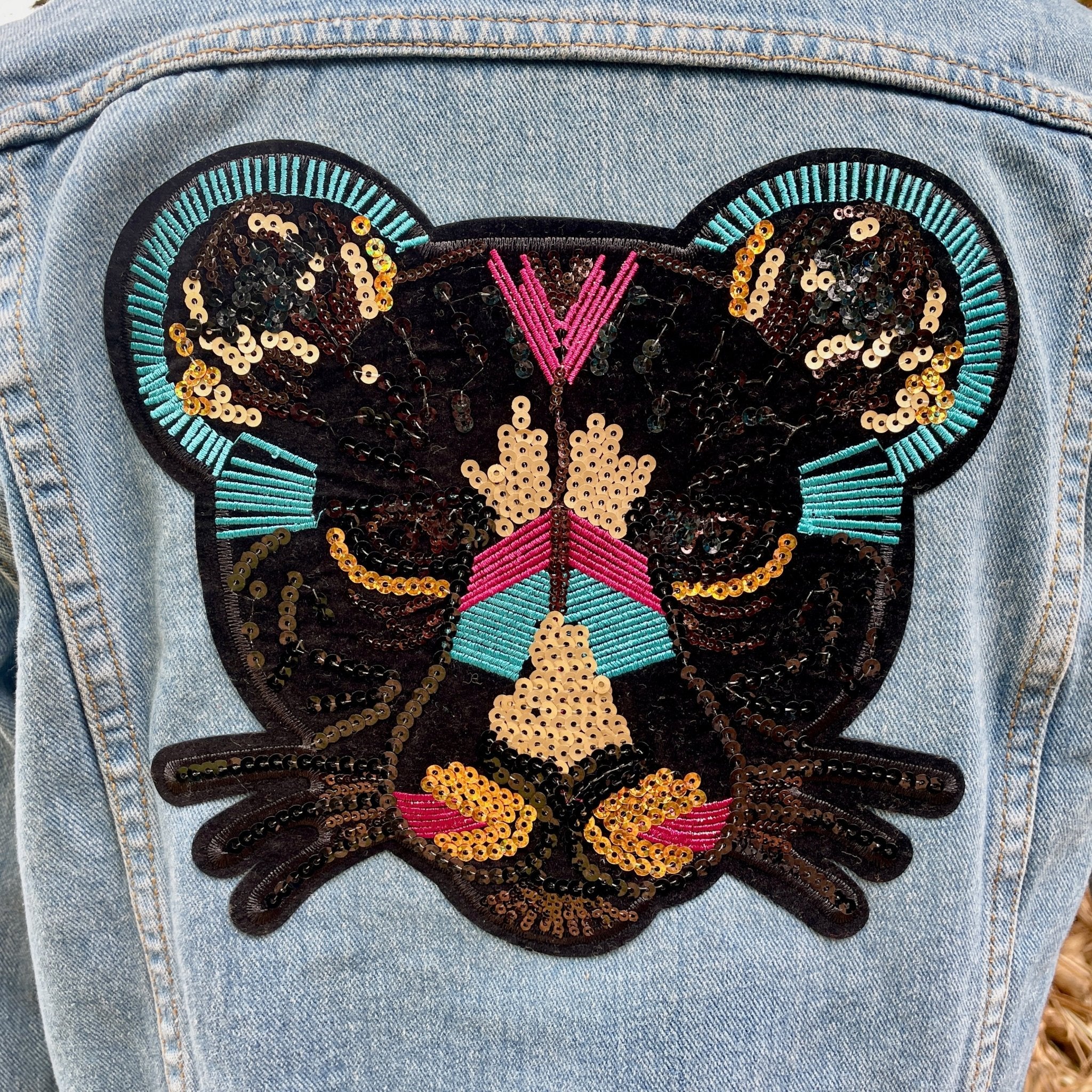 Upcycled Vintage Denim Jacket Tiger Cat Sequin Patch Immortal