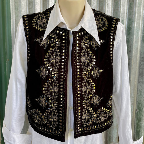Velvet Bolero Vest Black Silver Floral Embroidery Sequins Gypsy Boho Womens Unisex Waistcoat Sz S - New - Phoenix Menswear