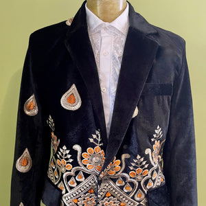 Velvet Embellished Blazer Black Embroidered Gold Orange Jacket - New - Phoenix Menswear