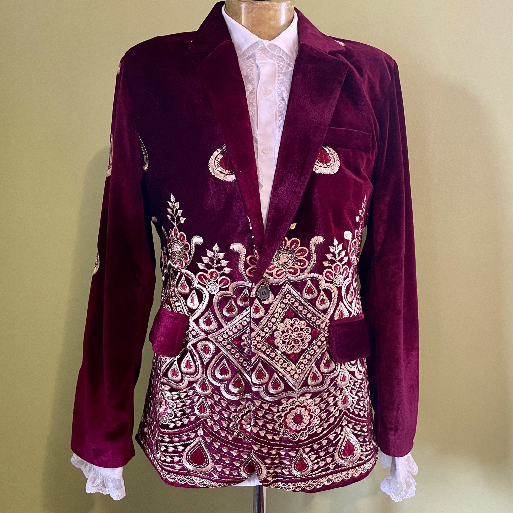 Velvet Embellished Blazer Burgundy Embroidered Gold Jacket New