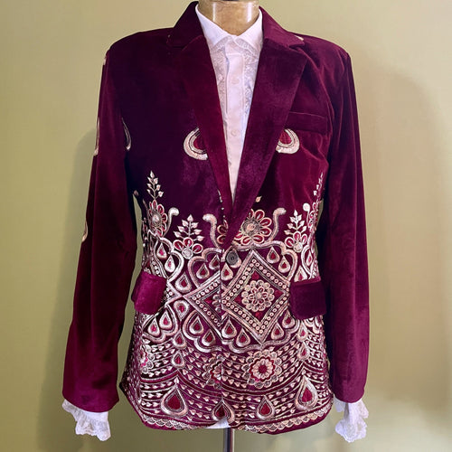 Velvet Embellished Blazer Burgundy Embroidered Gold Jacket - New - Phoenix Menswear