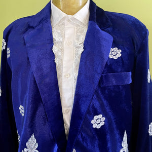 Velvet Embellished Blazer Royal Blue Embroidered Silver Jacket - New - Phoenix Menswear