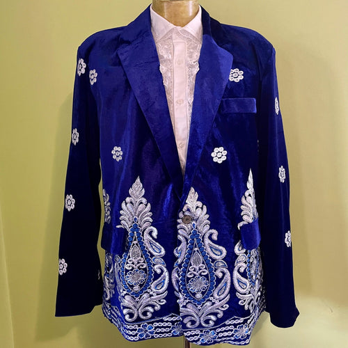 Velvet Embellished Blazer Royal Blue Embroidered Silver Jacket - New - Phoenix Menswear