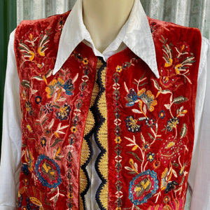 Velvet Vest Orange Floral Embroidery Gypsy Boho Womens Unisex Waistcoat Sz M - New - Phoenix Menswear