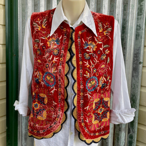 Velvet Vest Orange Floral Embroidery Gypsy Boho Womens Unisex Waistcoat Sz M - New - Phoenix Menswear