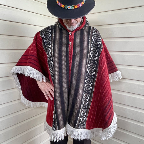 Vintage 1970's Handmade Unisex Wool Poncho Brown Red Black White Fringe Ecuador One Size - OOAK - Phoenix Menswear
