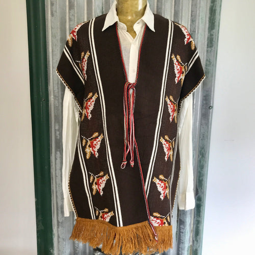 Vintage 1970's Unisex Wool Poncho / Vest Mexican Bird Design Brown Red One Size - OOAK - Phoenix Menswear
