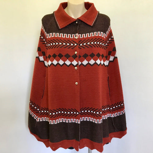 Vintage 1970's Women's Brown Orange Knit Cape Poncho One Size - OOAK - Phoenix Menswear