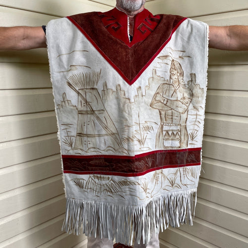 Vintage 1980's Handmade Heavy Suede Wool Poncho Brown Beige Red Native American Indian Western Sherpa Lining One Size - OOAK - Phoenix Menswear
