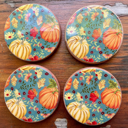 Vintage 1980's Wood Coasters Set of 4 Fall Autumn Orange Pumpkin Thanksgiving - OOAK - Phoenix Menswear