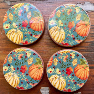 Vintage 1980's Wood Coasters Set of 4 Fall Autumn Orange Pumpkin Thanksgiving - OOAK - Phoenix Menswear