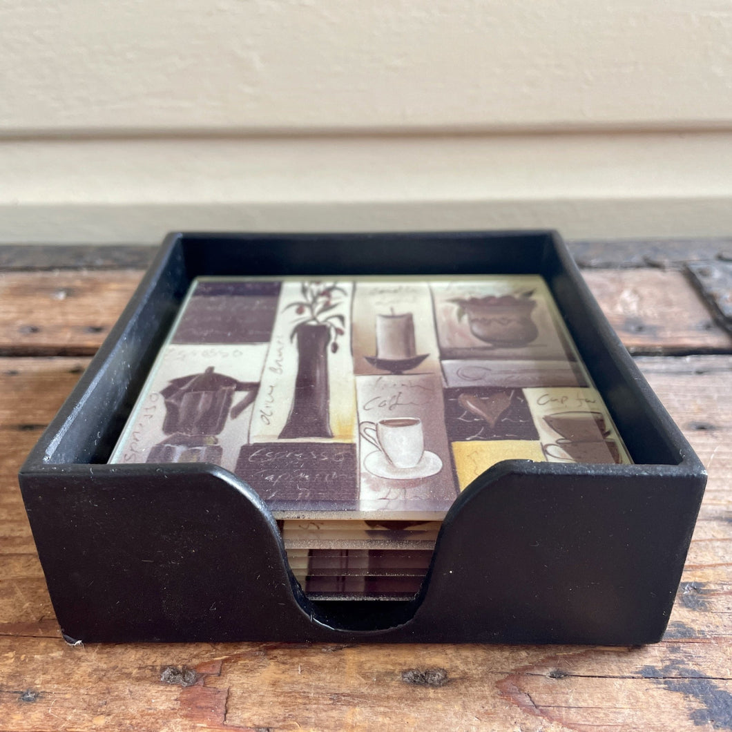 Vintage 1990's Glass Coffee Coasters Set of 4 with Holder - OOAK - Phoenix Menswear