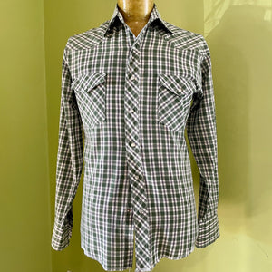 Vintage 1990's Western Wrangler L/S Shirt Green White Check Sz S - OOAK - Phoenix Menswear