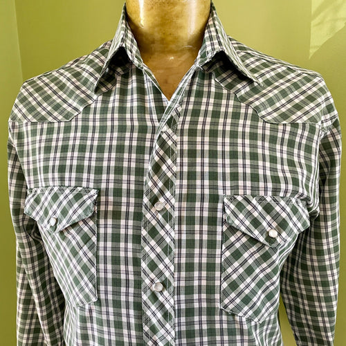 Vintage 1990's Western Wrangler L/S Shirt Green White Check Sz S - OOAK - Phoenix Menswear