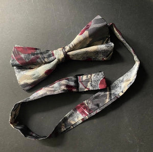 Vintage Bow Tie in Grey and Burgundy Abstract - OOAK - Phoenix Menswear