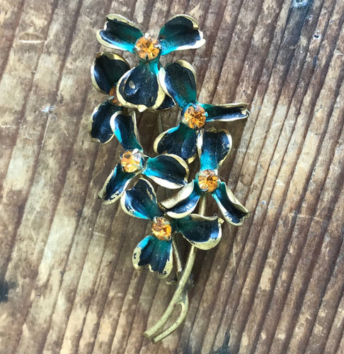 Vintage Brooch Flowers Green Orange Diamante - OOAK - Phoenix Menswear