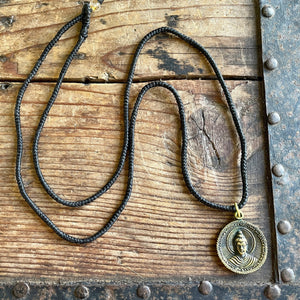 Vintage Buddha Pendant on Black Leather Cord Hand Crafted Necklace Brass - OOAK - Phoenix Menswear