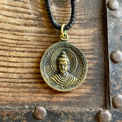 Vintage Buddha Pendant on Black Leather Cord Hand Crafted Necklace Brass - OOAK - Phoenix Menswear
