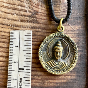 Vintage Buddha Pendant on Black Leather Cord Hand Crafted Necklace Brass - OOAK - Phoenix Menswear