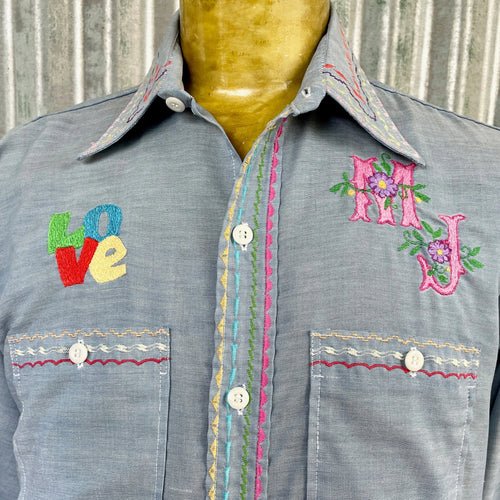 1970's Vintage Hand Embroidered Blue Denim L/S Shirt Pockets Cotton Tortoise Sz M - OOAK - Phoenix Menswear
