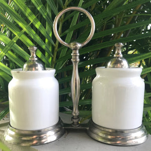 Vintage Cruet Set Jam Jars White Ceramic Pewter Stand - OOAK - Phoenix Menswear
