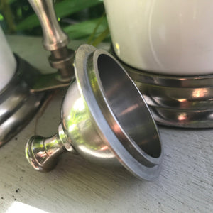 Vintage Cruet Set Jam Jars White Ceramic Pewter Stand - OOAK - Phoenix Menswear